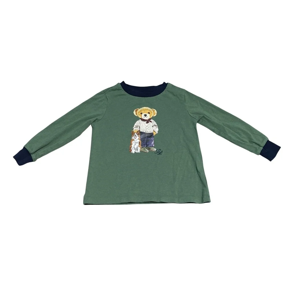 Ralph Lauren Polo Bear Shirt Dog Graphic Tee Kid Size 24M Long Sleeve Green Baby